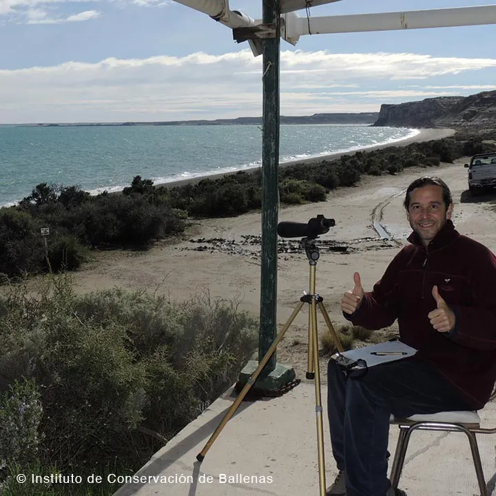 Mariano Sironi feliz tras ver a Hueso en 2014- Instituto de Conservación de Ballenas